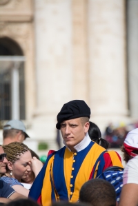 All along the traffic lane for the Popemobile there are Swiss Guards stationed along with Polizia from Rome.  They must be Catholic, single men, between the ages of 20 and 32, having served in the Swiss Army.